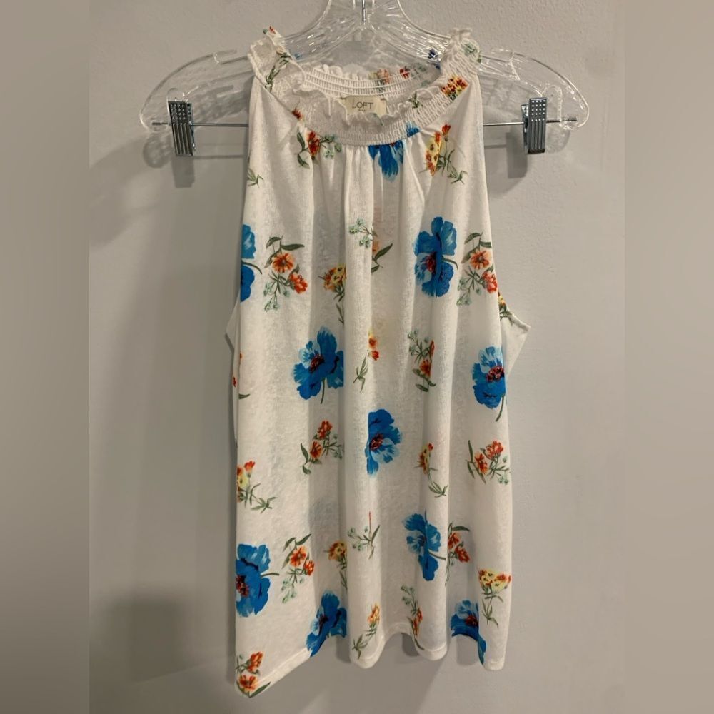 LOFT Floral Tank Top - White and Blue